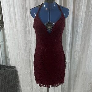 Elegant Burgundy Lace Halter Dress